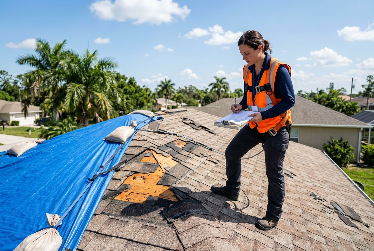 Licensed roofing inspector documenting hurricane storm damage on a residential roof in Charlotte County Florida