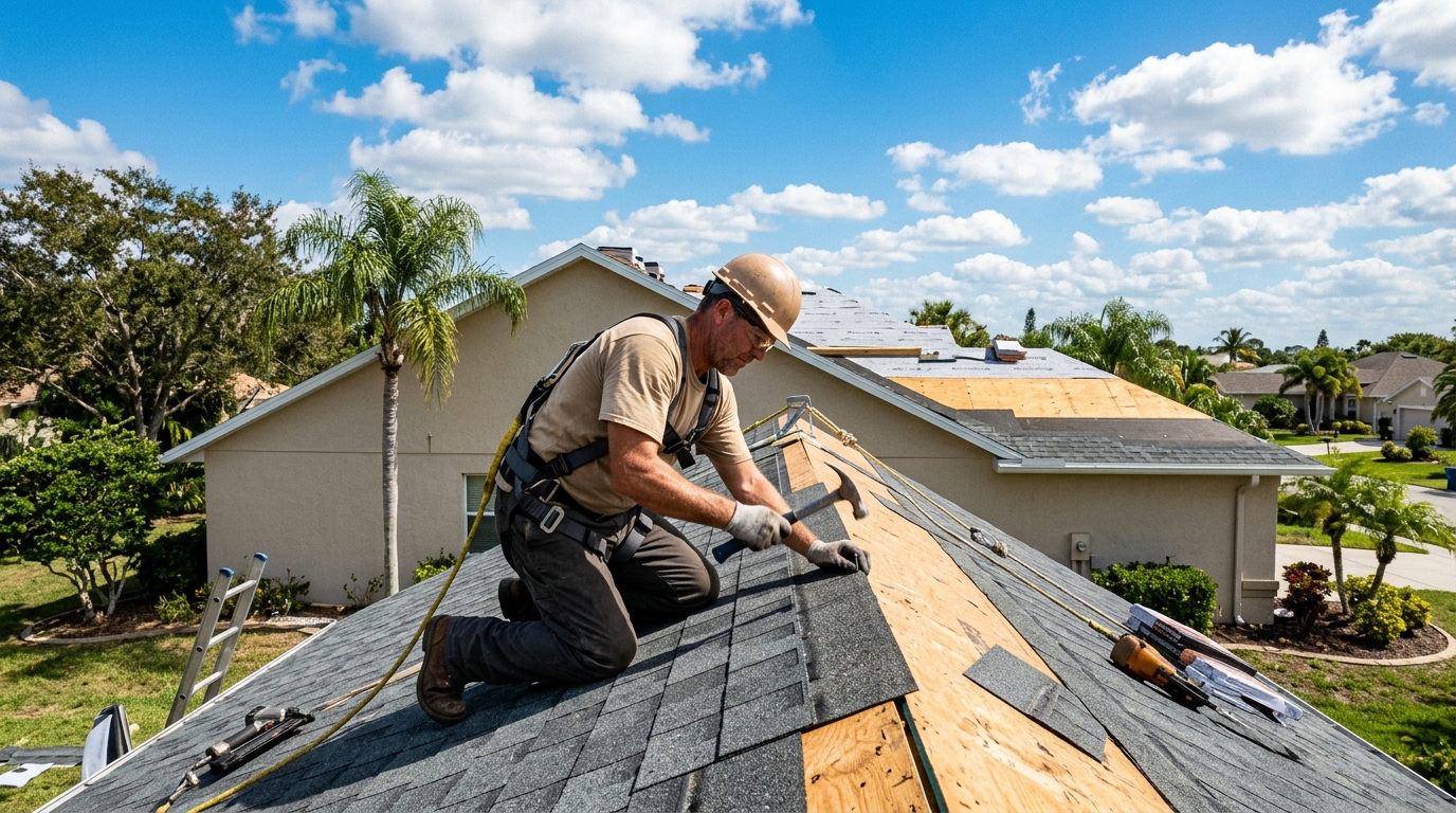 DBPR-licensed roofing contractor installing architectural shingles on a residential roof replacement in Sarasota Florida